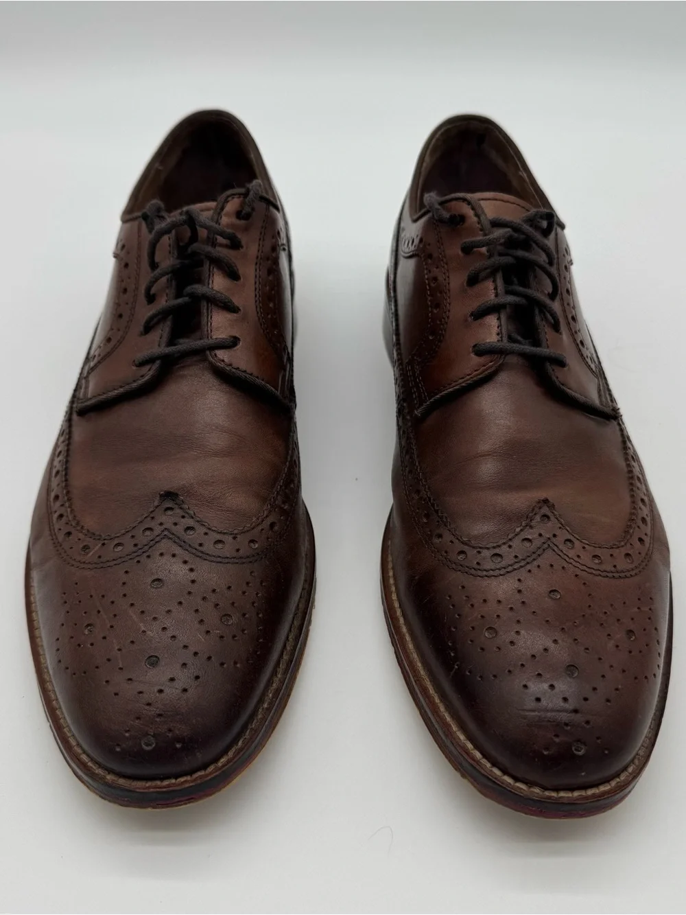 Johnston & Murphy Shoes Mens 10.5 Brown Leather Wingtip Oxford Dress Almond Toe